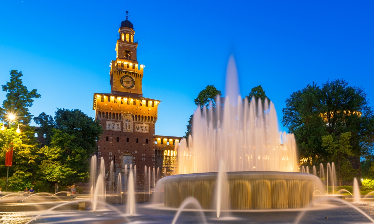 Night view of Sforza Castle in Milan Italy